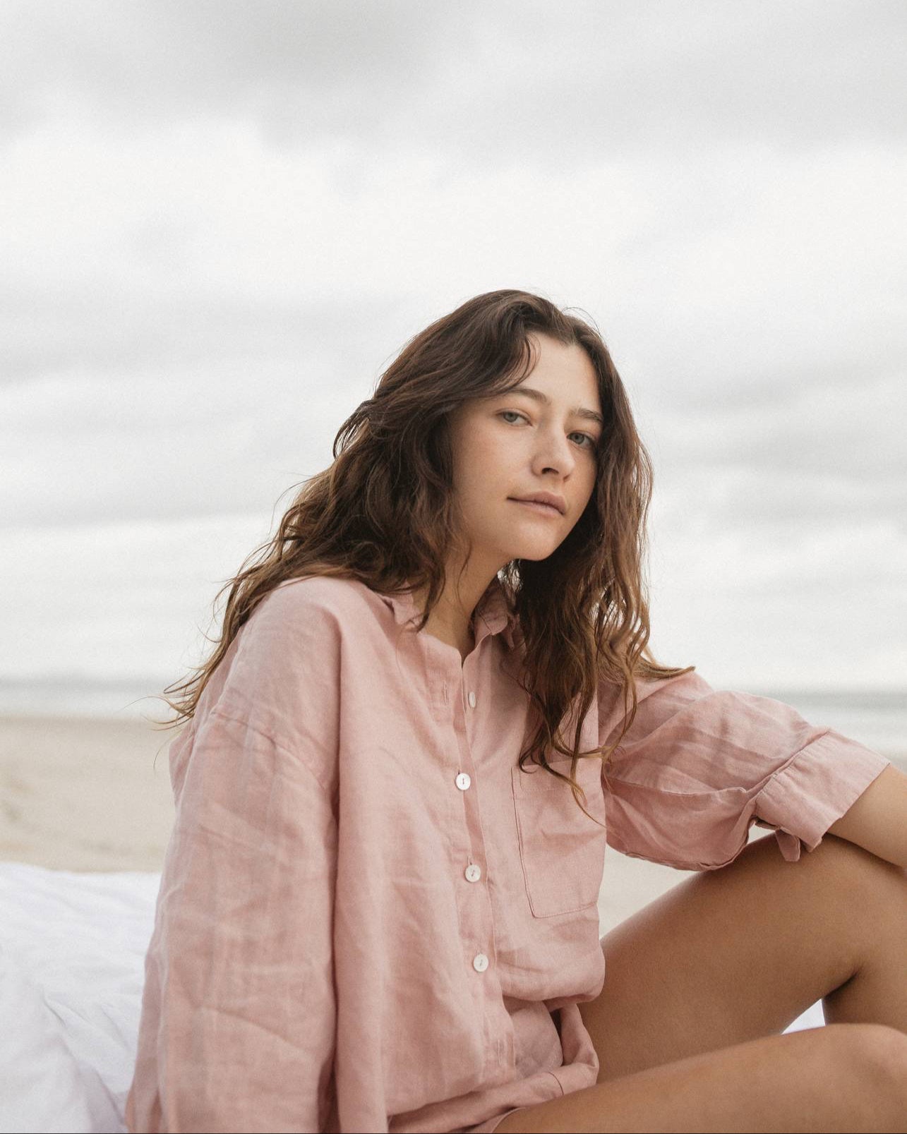 Pink Linen Sleep Set Beach Scene