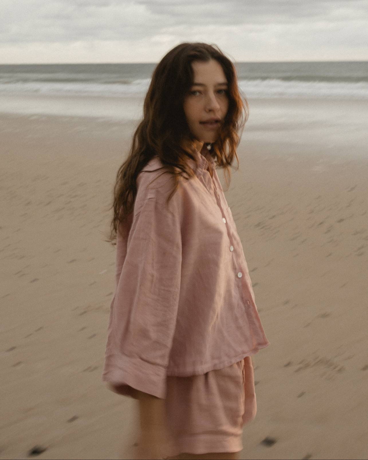 Pink Linen Sleep Set Beach Scene