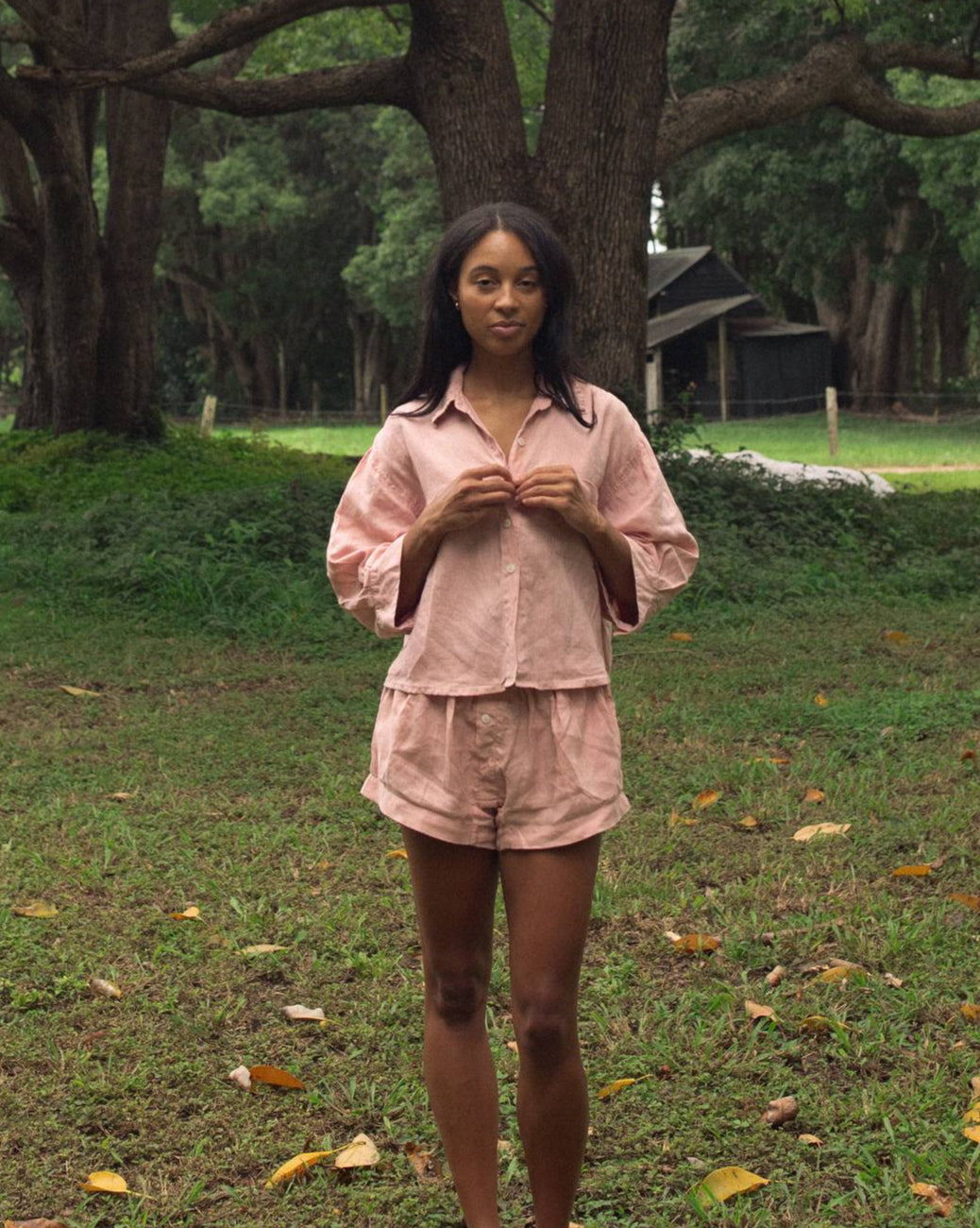 Pink Linen Sleep Set Forest Scene