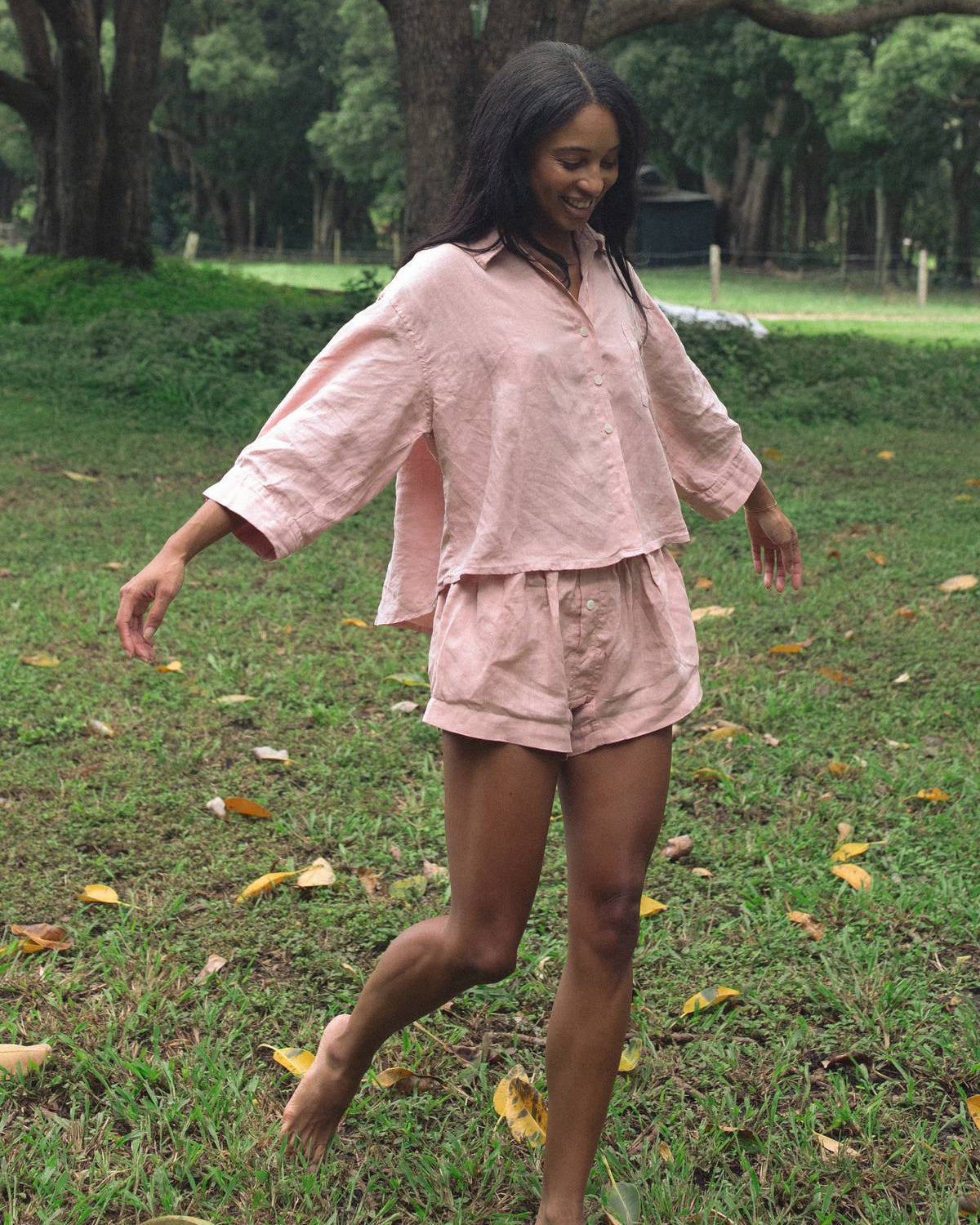 Pink Linen Sleep Set Forest Scene