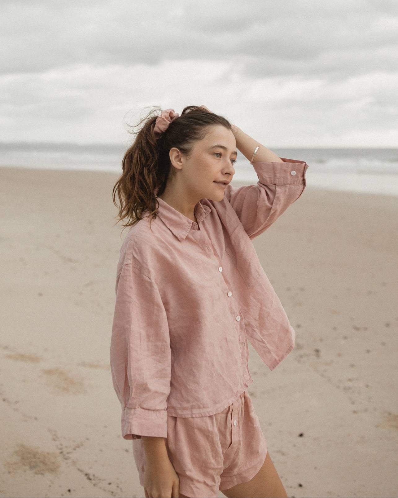 Pink Linen Sleep Set Beach Scene