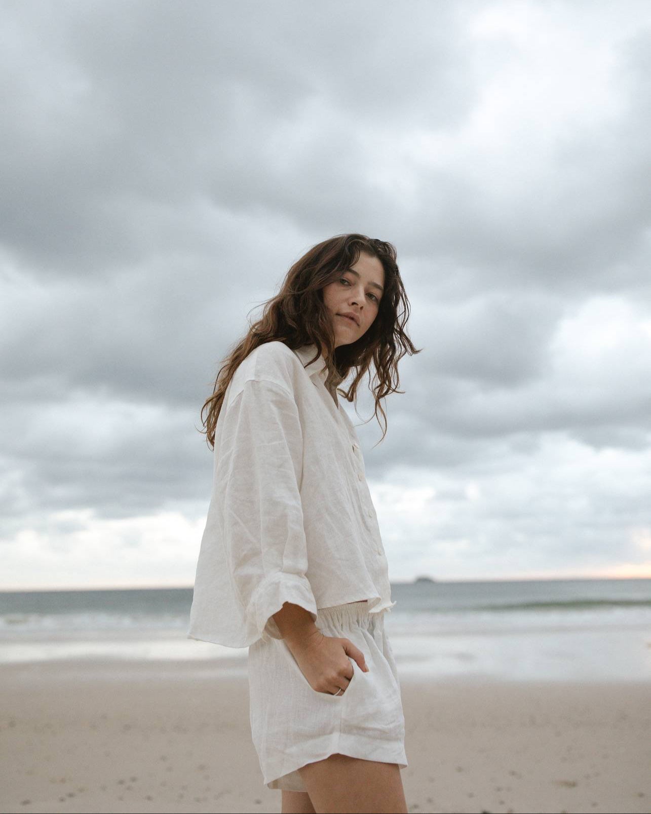 White Linen Sleep Set Beach Scene